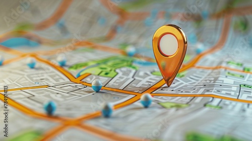 Map search and delivery banner, GPS pin, vibrant route, wide format,  photo