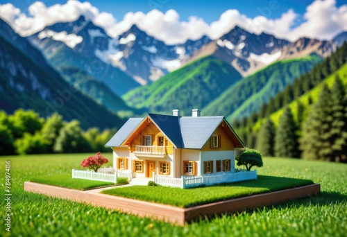 Behold a charming miniature model house nestled gracefully upon lush green grass photo