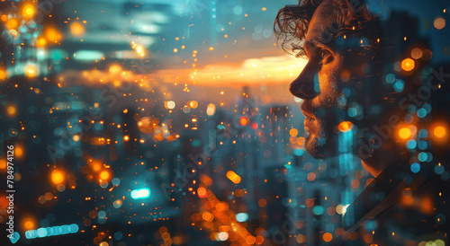 Profile of a man with a double exposure of city lights, representing business success against an evening sky. Generative AI