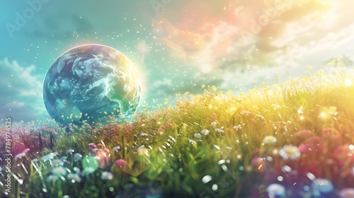Sunny grass landscape bathed in warm light, a tiny blue planet suspended in the vast cosmos