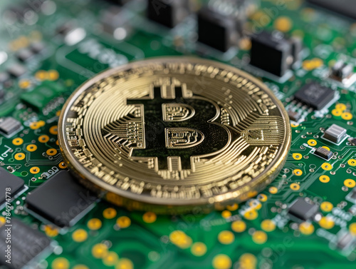 A golden Bitcoin coin on a green circuit board, symbolizing cryptocurrency technology. Generative AI