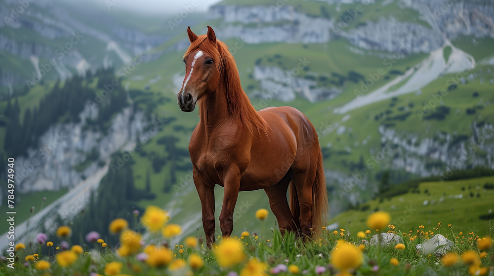 Fototapeta premium A chestnut horse in a meadow with yellow flowers against a mountainous background, portraying the concept of nature and wildlife. Generative AI