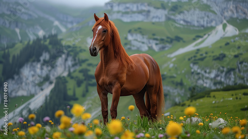 A chestnut horse in a meadow with yellow flowers against a mountainous background  portraying the concept of nature and wildlife. Generative AI