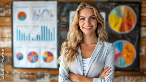 A smiling woman with graphs and charts in the background, representing a business or startup environment, Generative AI.