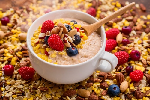 Breakfast multigrain porridge with barley, cornmeal and oats photo