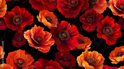 Deep black seamless background with vibrant red-orange poppy design.