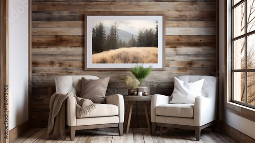 Interior of modern living room with brown leather armchairs.