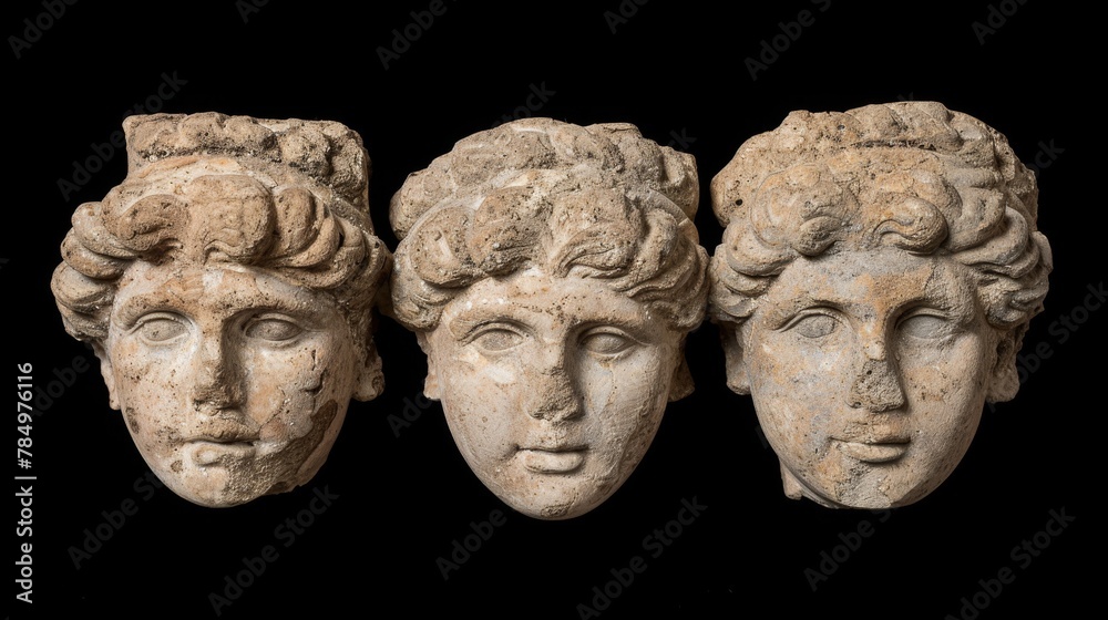 Obraz premium Ancient classical marble gypsum stoic, roman, greek bust, busts head sculpture against a colored background representing historical figures 