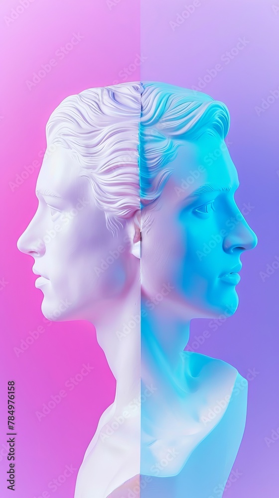 Fototapeta premium Ancient classical marble gypsum stoic, roman, greek bust, busts head sculpture against a colored background representing historical figures 