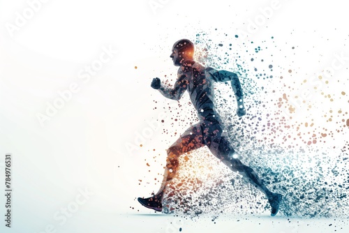 Dynamic athlete exploding in colorful particles