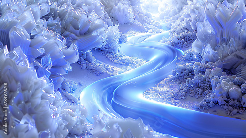 Sapphire light flows among crystal formations, a 3D frozen landscape aglow.