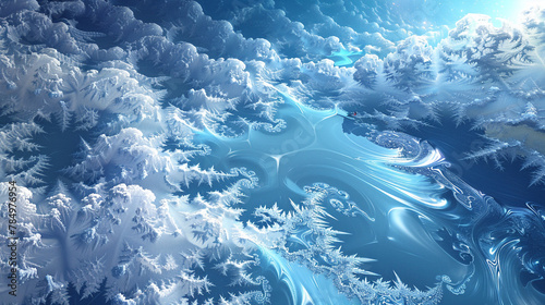Icy fractals paint a frozen tableau under aurora lights, blending silver into midnight hues.