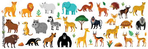 African animals  vector cartoon illustration. Cute lion, zebra, elephant, giraffe, hippo and other wild life clipart for zoo