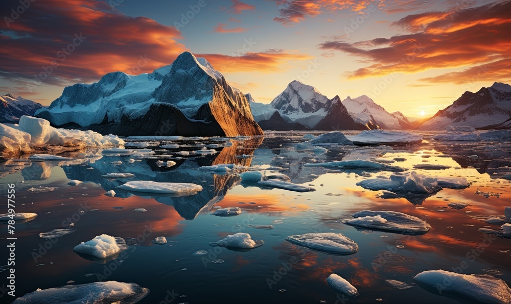Icebergs in Water at Sunset