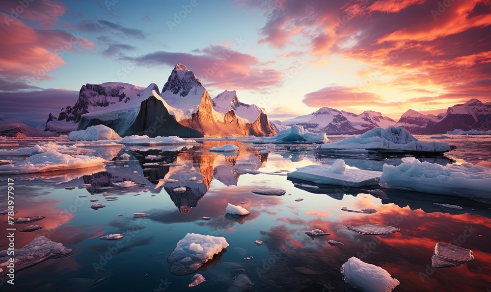 Icebergs Drifting in Water at Sunset