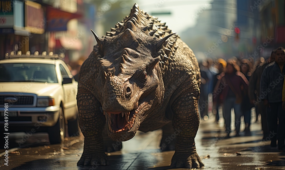 Large Dinosaur Walking Down Street Amid Crowd