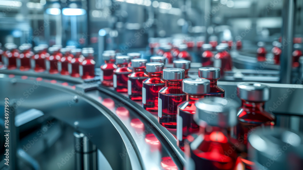 Fototapeta premium Automated Pharma Assembly Line Producing Medical Injections