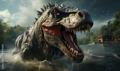 Large Dinosaur With Mouth Open in Water © uhdenis