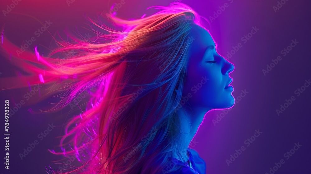 A portrait of a woman with hair flowing in the wind, bathed in vibrant neon lighting.