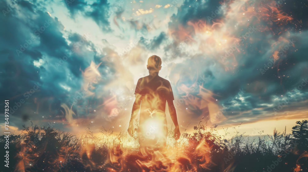 Fototapeta premium Person Breaking Free with Fiery Energy in Nature