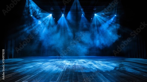 Dramatic blue stage lighting with atmospheric smoke in an empty theater setting, suggesting performance anticipation. photo