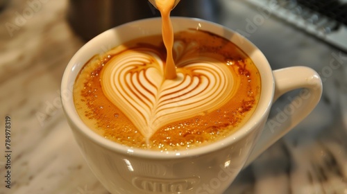 Close-up of creamy latte art being poured into a white cup, perfect for cozy coffee breaks.