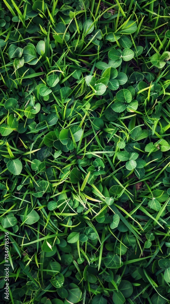A lush green field of clover is spread across the image, filling the entire frame