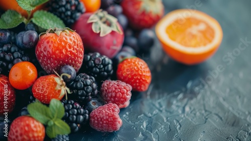 Close-up of mixed berries and an orange slice  vibrant and fresh  perfect for a healthy lifestyle.