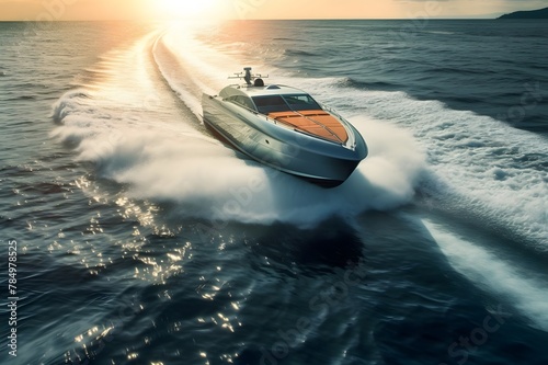 Luxury motorboat on the sea. Speedboat at sunset photo