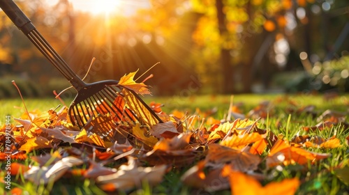 Raking fallen leaves on a sunny autumn day with the warm glow of sunset in a backyard.