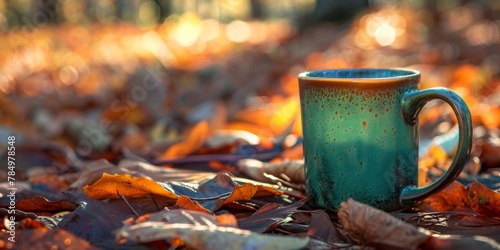 A steaming mug of coffee sits amidst a bed of colorful autumn leaves, evoking a cozy atmosphere.