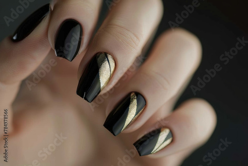  Stylish Black Matte Nails with Chic Gold Geometric Accents on Woman's Hand photo