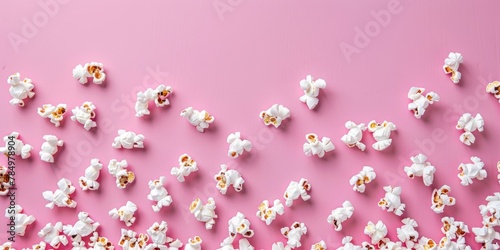 Playful top view of white popcorn scattered on a bright pink background, concept of leisure snacks. photo