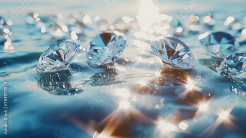 Brilliant diamonds scattered across the surface of water, reflecting sunlight with sparkling effect.