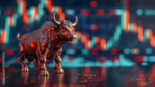 A metallic bull statue stands prominently before a blurred background of stock market data.