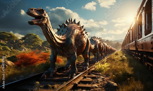 Dinosaurs Walking Along Train Track © uhdenis