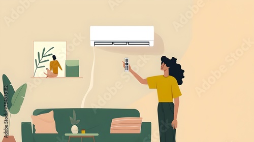 Woman adjusting air conditioner at home. Simplified flat design, modern interior illustration. Cozy living room scene with decorative elements. AI