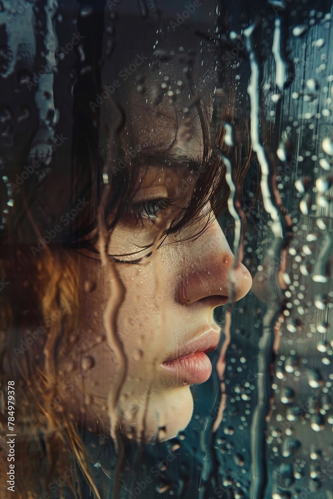 The reflection of a woman in a rain-soaked window, her face etched with contemplation and a touch of melancholy, as she gazes out at the stormy skies