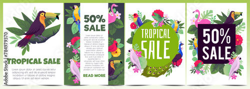 Tropical sale banner or card templates set, flat hand drawn vector illustration.