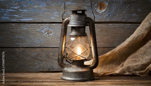 Nostalgic Light: Classic Kerosene Lamp on Wooden Backdrop photo