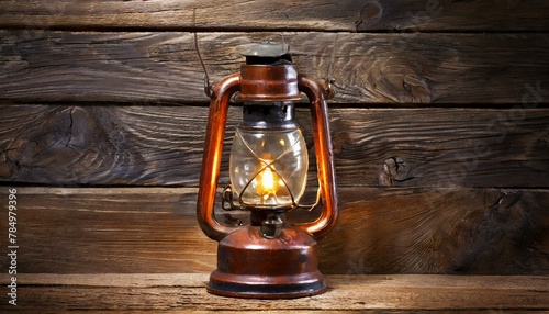 Rustic Charm: Kerosene Lamp Illuminating Wooden Surface