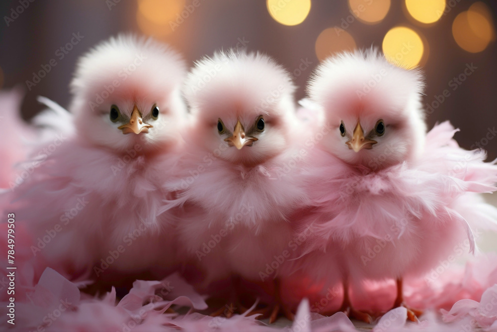 Adorable baby chickens in pink tutus, dancing gracefully against a white background.