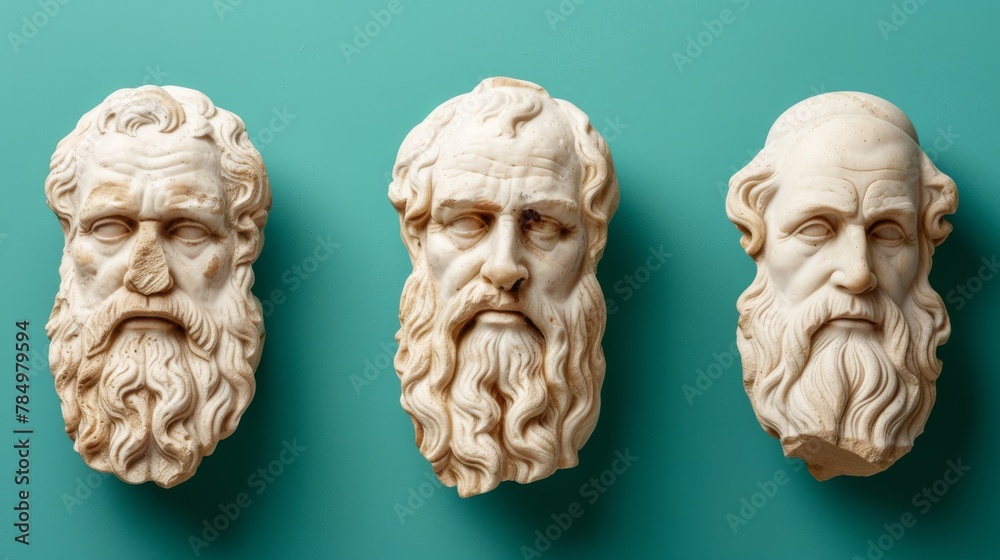 Obraz premium Ancient classical marble gypsum stoic, roman, greek bust, busts head sculpture against a colored background representing historical figures 