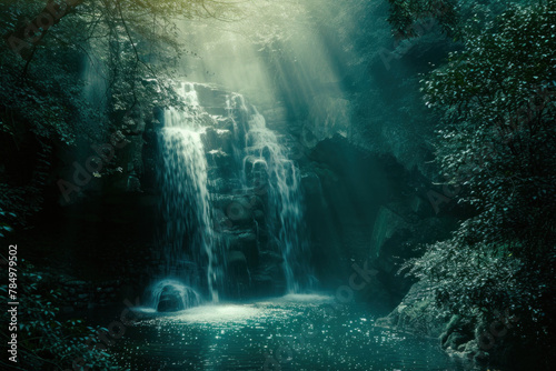 Serene Waterfall Cascading Over Rocks in a Lush Forest Setting