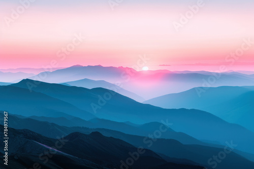 Stylized Mountain Range in Gradient Hues from Deep Blues to Romantic Pinks