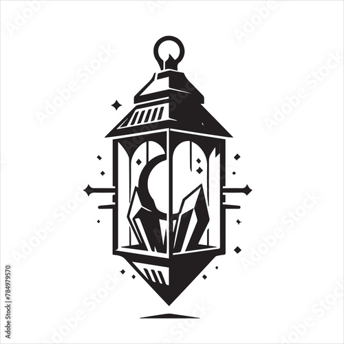 a black and white drawing of a lamp with a moon and stars