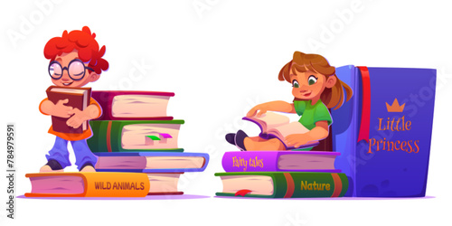 Cute kids reading books set isolated on white background. Vector cartoon illustration of smart boy in eyeglasses hugging textbook, nice girl enjoying fairy tale, school education, library leisure