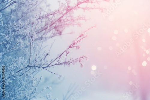 Delicate Winter Branches Covered in Frost with a Soft Pink and Blue Gradient