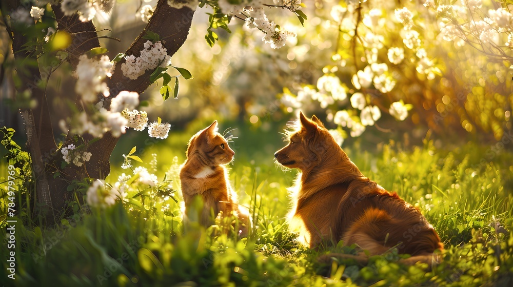 Dog and cat sitting together peacefully in a sunlit blooming garden. Serene and idyllic setting capturing friendship, springtime bloom. Nature's harmony captured in a heartwarming scene. AI - obrazy, fototapety, plakaty 