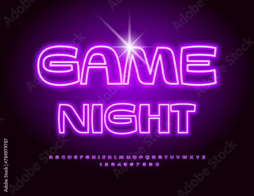 Vector neon flyer Game Night with retro style purple glowing Font. Bold Alphabet Letters and Numbers set